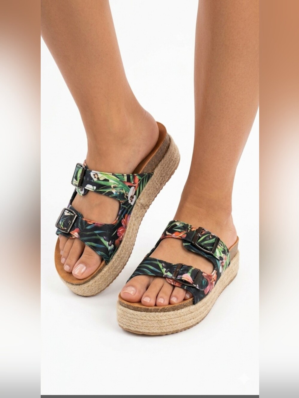 Parizia Floral Print Platform Slide Sandals - Black/Green Size 38